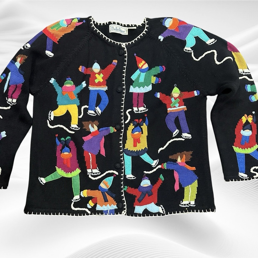 Vintage Belle Pointe Knit Sweater Cardigan Ice Skaters XLarge Christmas Holiday